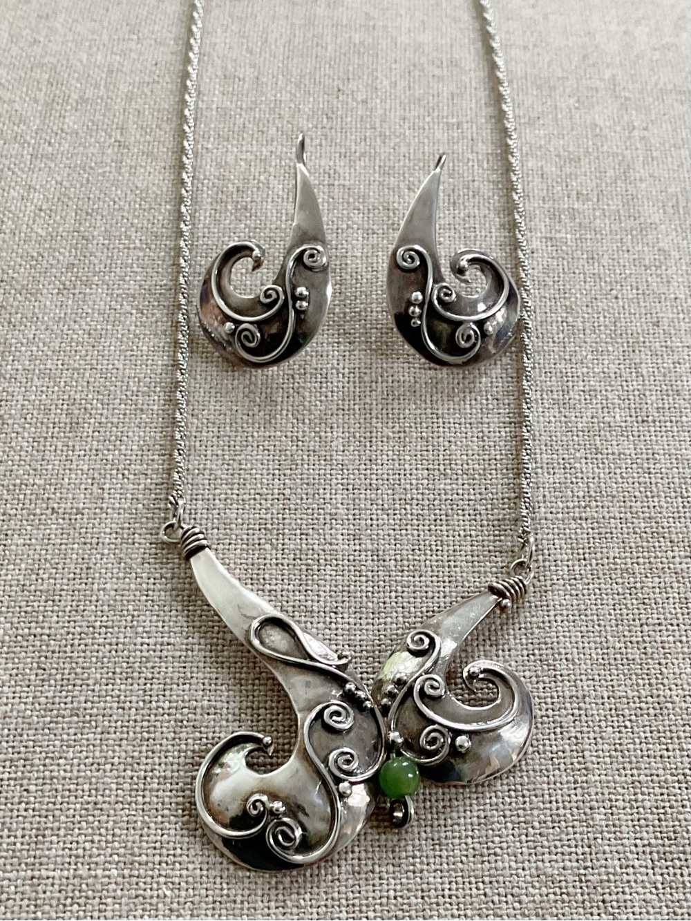 KJT Sterling Silver 925 Necklace Earrings Set Signed Modernist Artisan